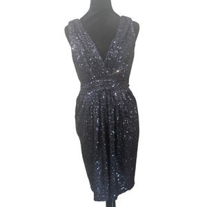 BADGLEY MISCHKA NAVY BLUE SEQUIN COCKTAIL DRESS V-NECK SLEEVELESS SIZE 4